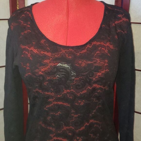 Nordstrom Intimates Black Lacy Floral  Long Sleeve Top - Picture 2 of 8